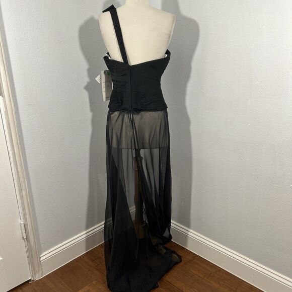 Precious Formals Dress Womens 6 Black One Shoulder Rhinestones Flowy Hoco - Picture 4 of 8